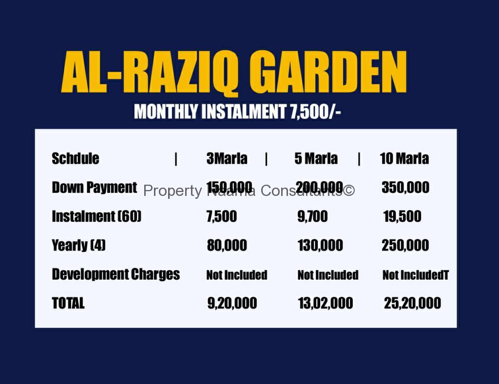 Payment Plan of Al-Raziq Garden Lahore