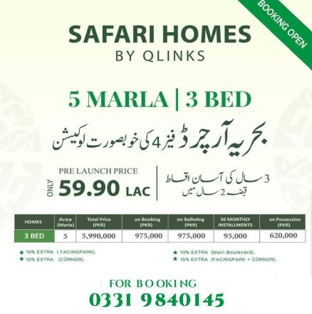 Safari Homes By Qlinks | 5 Marla | 3 Bedrooms | Details, Location & Prices